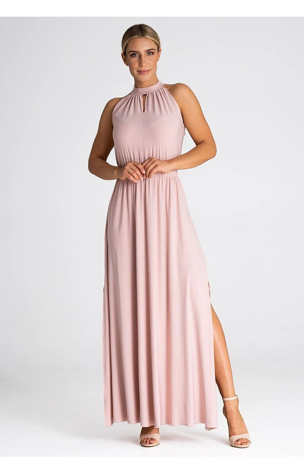 Robe de cocktail élégante longue sans manches couleur rose pâle matière fluide élastique à la taille fente latérale idéale pour soirées élégantes