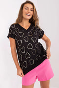 Ensemble deux pièces moderne femme t-shirt noir short rose motifs cœurs dorés matériau coton élasthanne