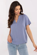 Top femme casual-chic V-neck manches courtes viscose lavande bleu fluidité coupe ample occasion quotidienne semi-formelle