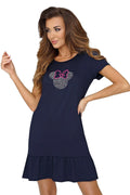 Chemise de nuit Donna en coton bleu marine avec motif souris et nœud rose pour femme