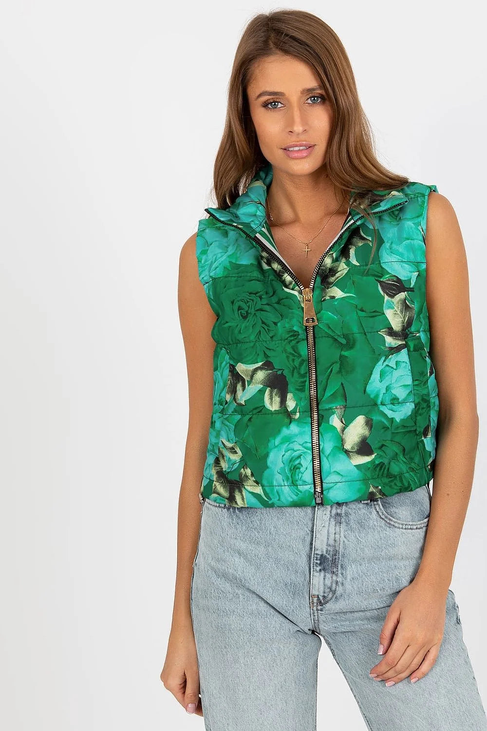 gilet femme sans manches matelassé court imprimé floral rose vif feuillage vert col montant fermeture zippée doublure rayée polyester ajustable
