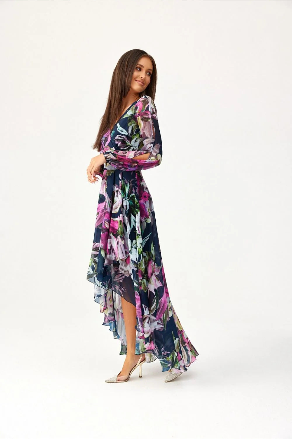 Robe de jour Roco Fashion asymétrique longueur maxi fleurs multicolores manches longues élastiques ceinture taille ajustable soirée été femme