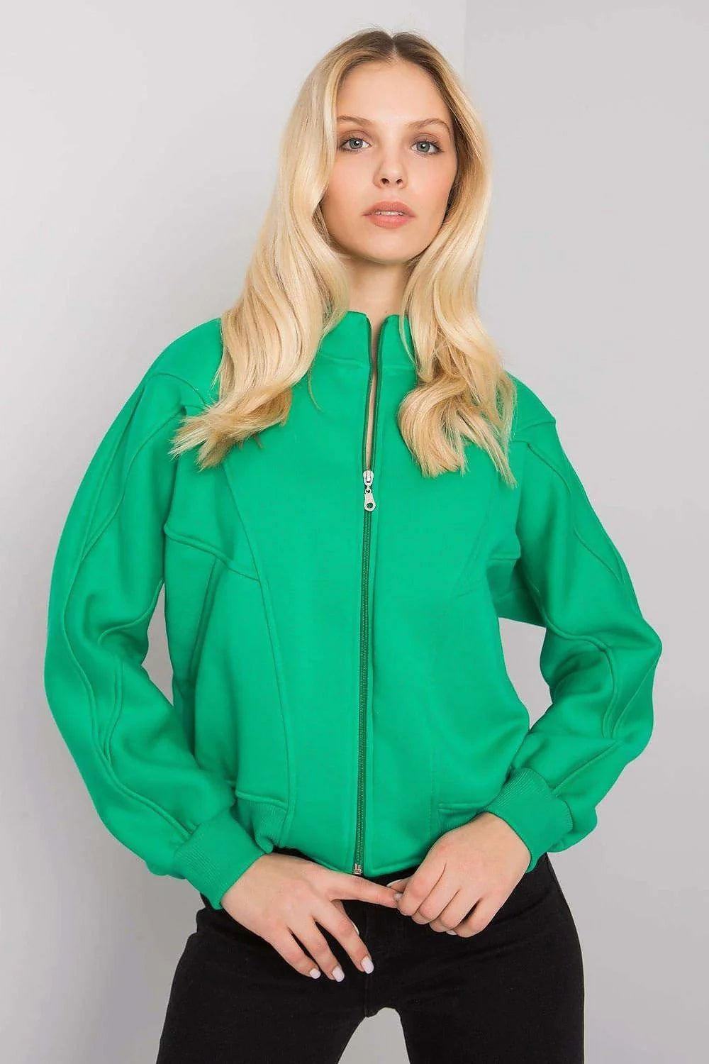 Veste femme polyester coton vert vif col montant moderne décontracté style urbain fermeture éclair