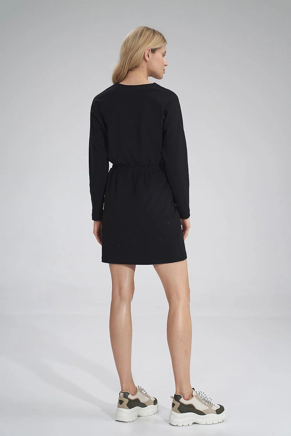 Robe femme coton stretch élégante bleu marine décolleté en V manches longues confortable maison