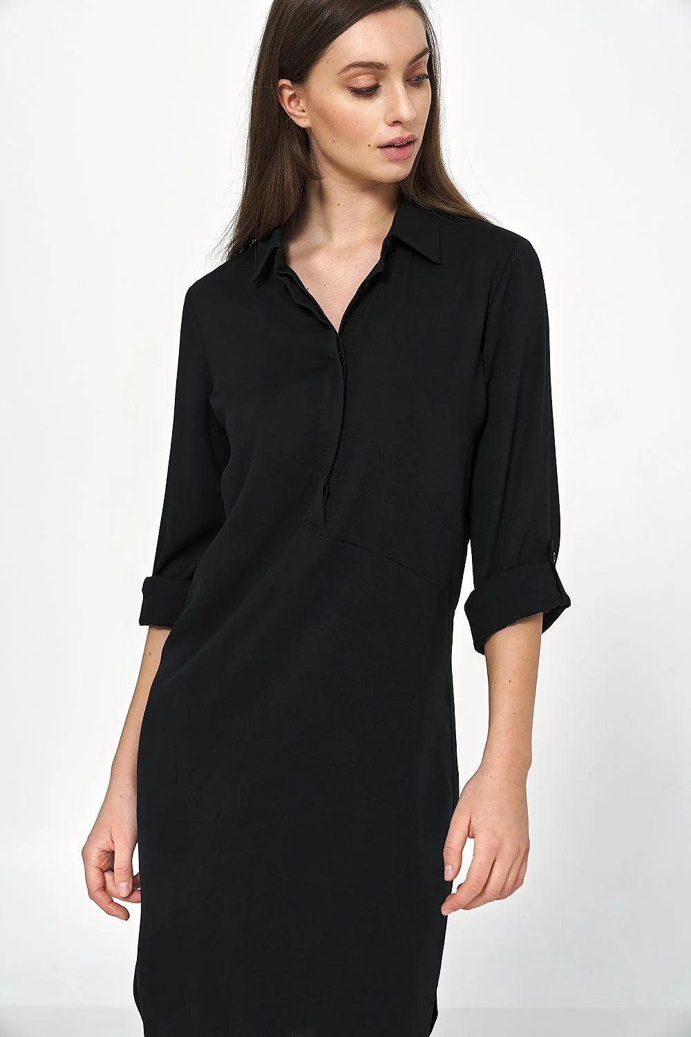 robe oversize viscose noire manches longues retroussables ceinture intégrée chemisier col droit boutonnage coupe droite fluide longueur genou élégante