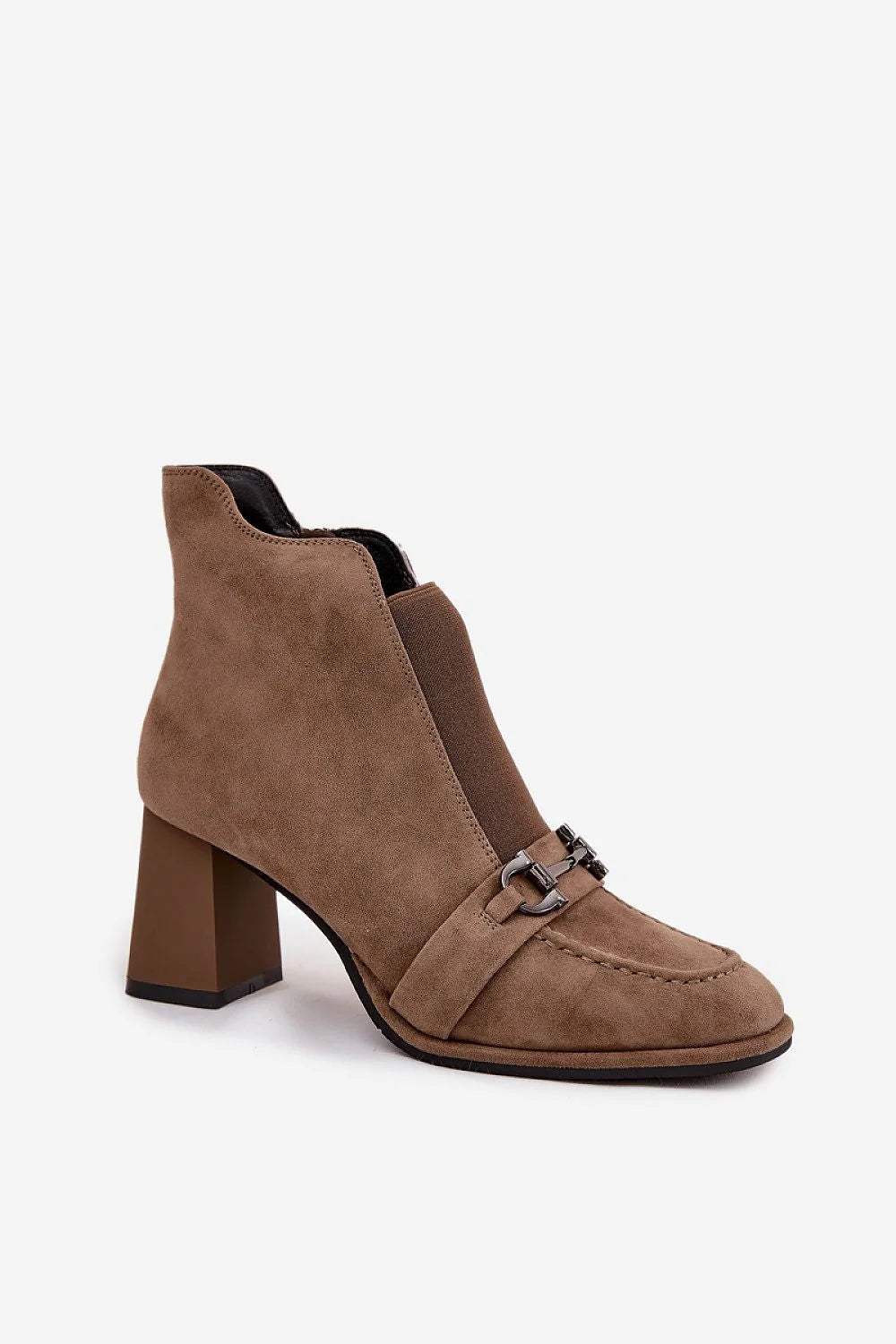 bottines femme Artiker daim suédé taupe cheville tige 12 cm talon colonne 7 5 cm bride décorative mors doublure fourrure