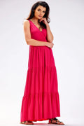Robe de jour awama longue ample en viscose naturelle rose vif volants décolleté V sans manches été femme