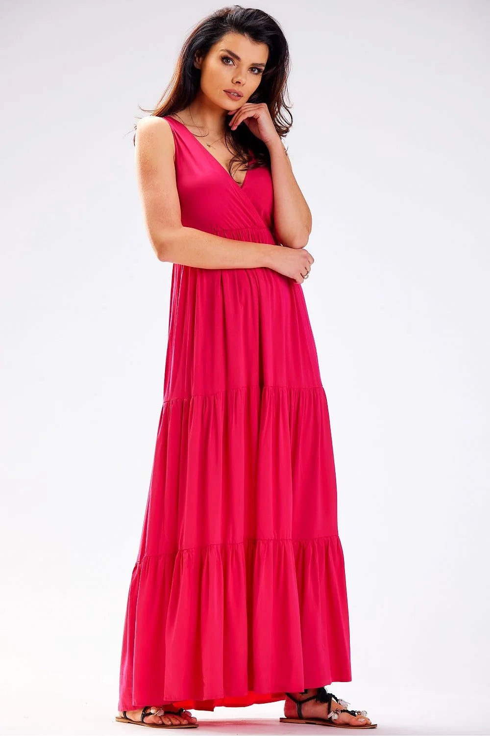 Robe de jour awama longue ample en viscose naturelle rose vif volants décolleté V sans manches été femme