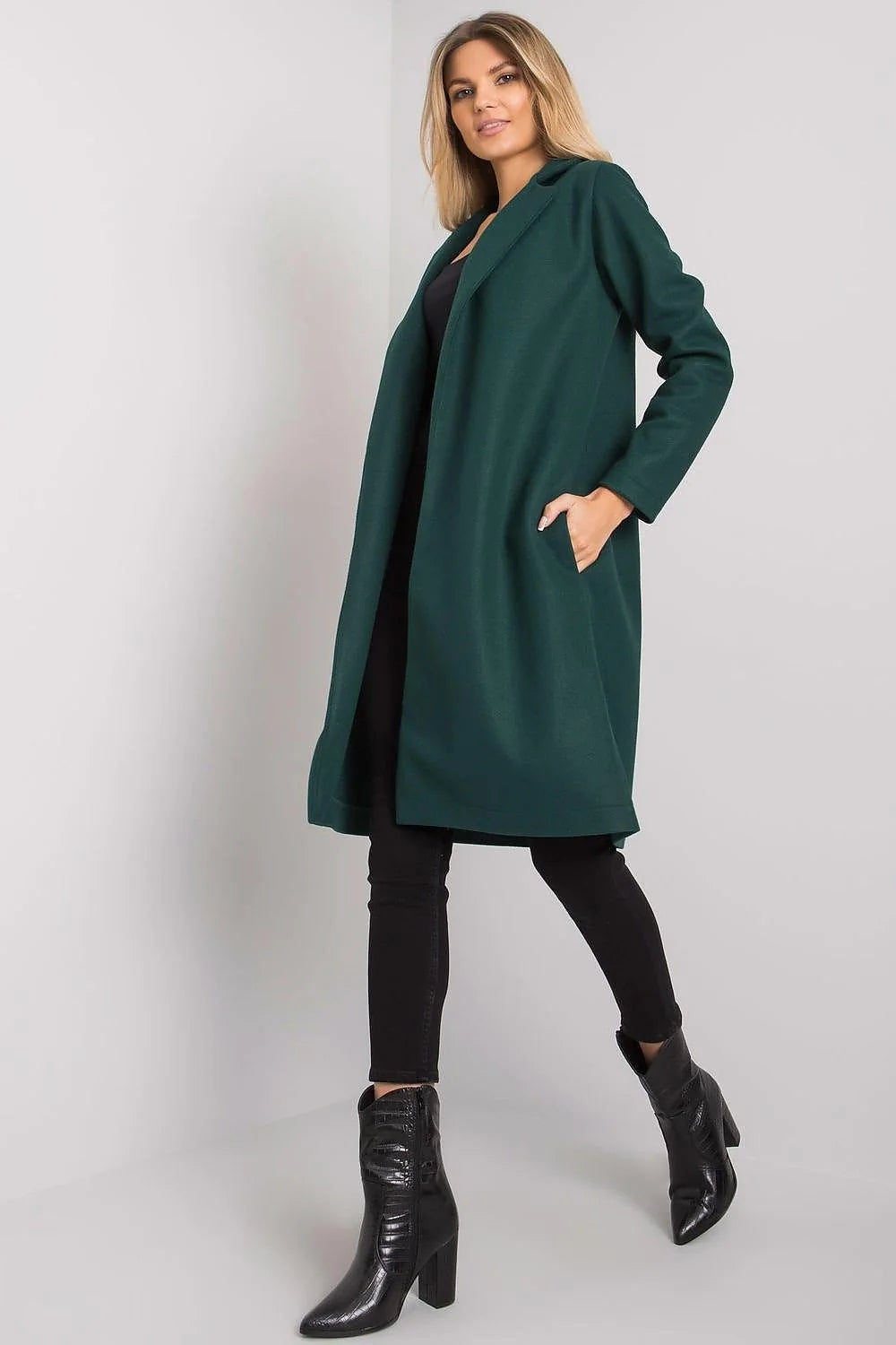 Manteau pour femme élégant long manches longues col revers vert foncé sans fermeture épaules structurées polyester 100% taille ajustable
