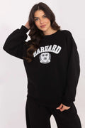 Sweatshirt femme Harvard ample couleur noire coton polyester longues manches encolure ronde logo université manches bouffantes côtelé