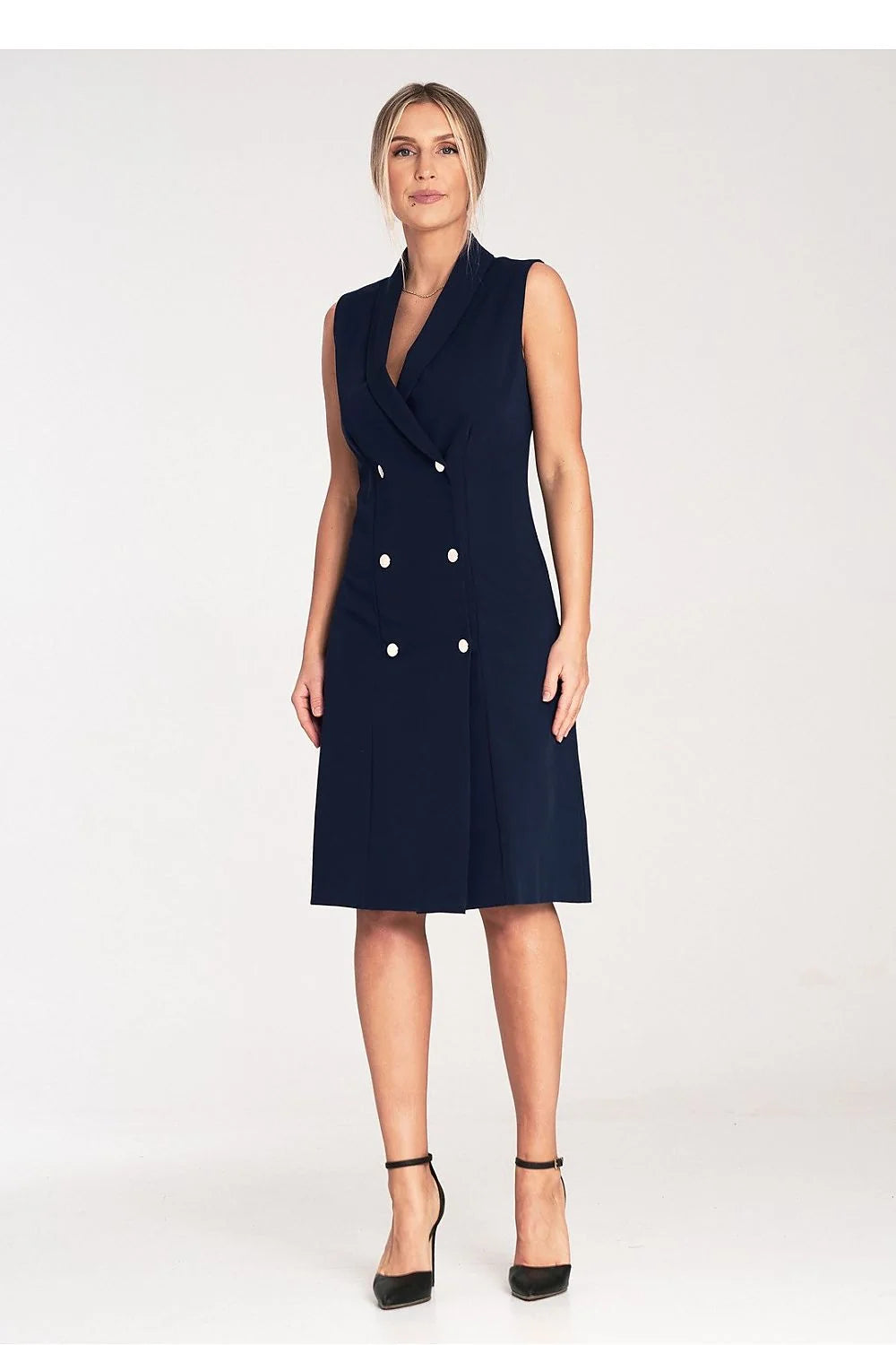 Robe de jour élégante sans manches style tailleur col revers double boutonnage robe midi polyester viscose femme