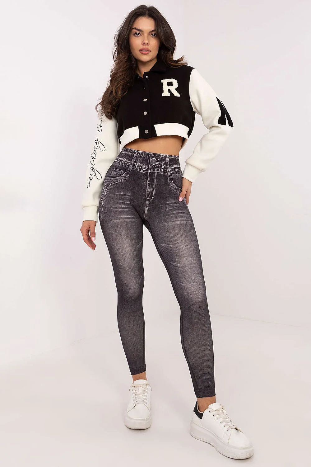 leggings jegging taille haute effet denim délavé gris fumé stretch skinny ajusté coutures blanches contrastantes faux poches maintien ventre confort