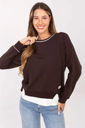 sweatshirt femme marron chocolat col rond coton élasthanne doux oversize manches longues bords côtelés fente latérale contraste blanc écusson logo