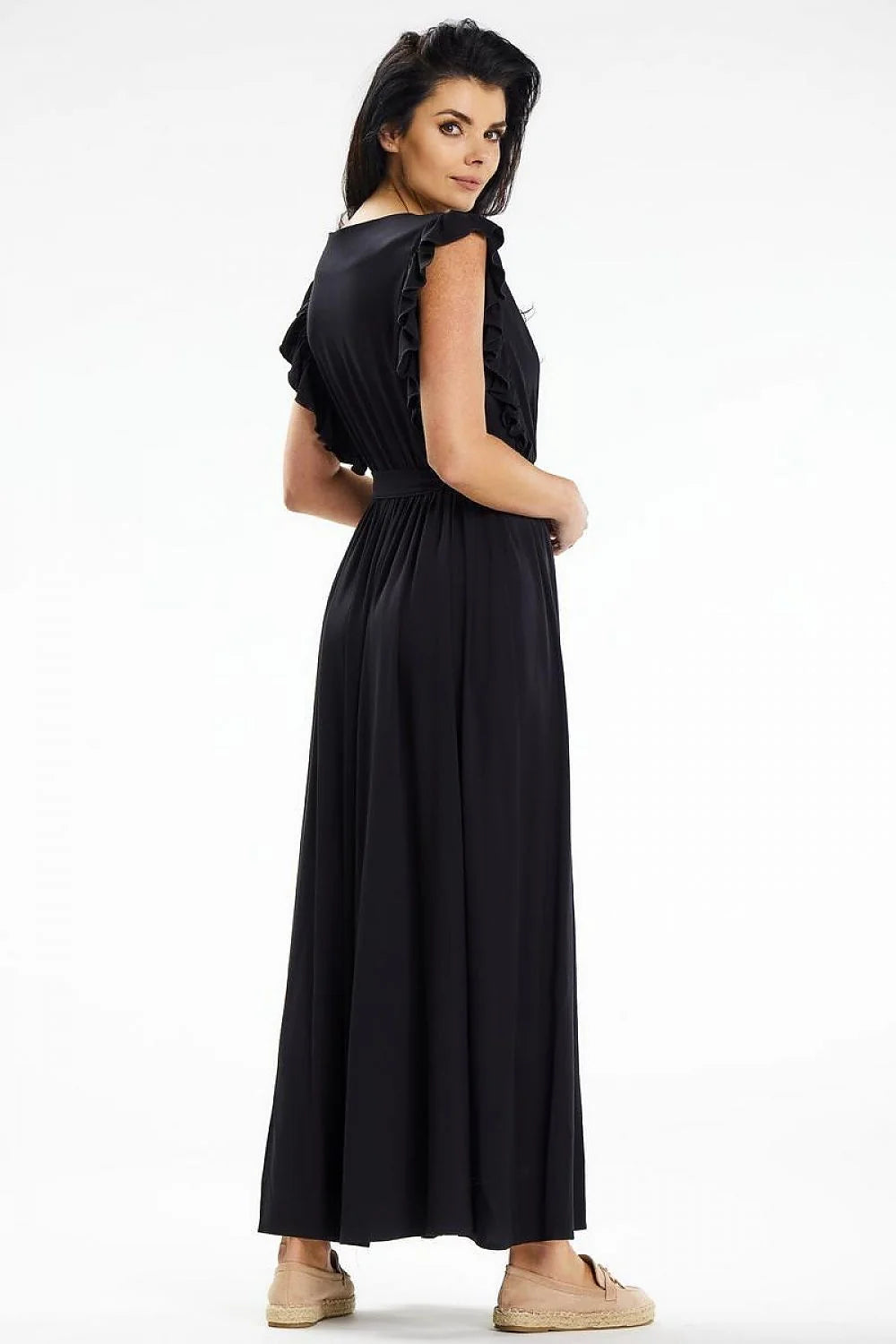 Robe longue élégante à encolure V manches longues volants ceinture intégrée couleur noire taille ajustable femme