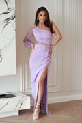 robe soirée longue asymétrique lilas épaule manche tulle brodé sequins insertion bande pailletée crêpe fluide drapée fente haute latérale cintrée