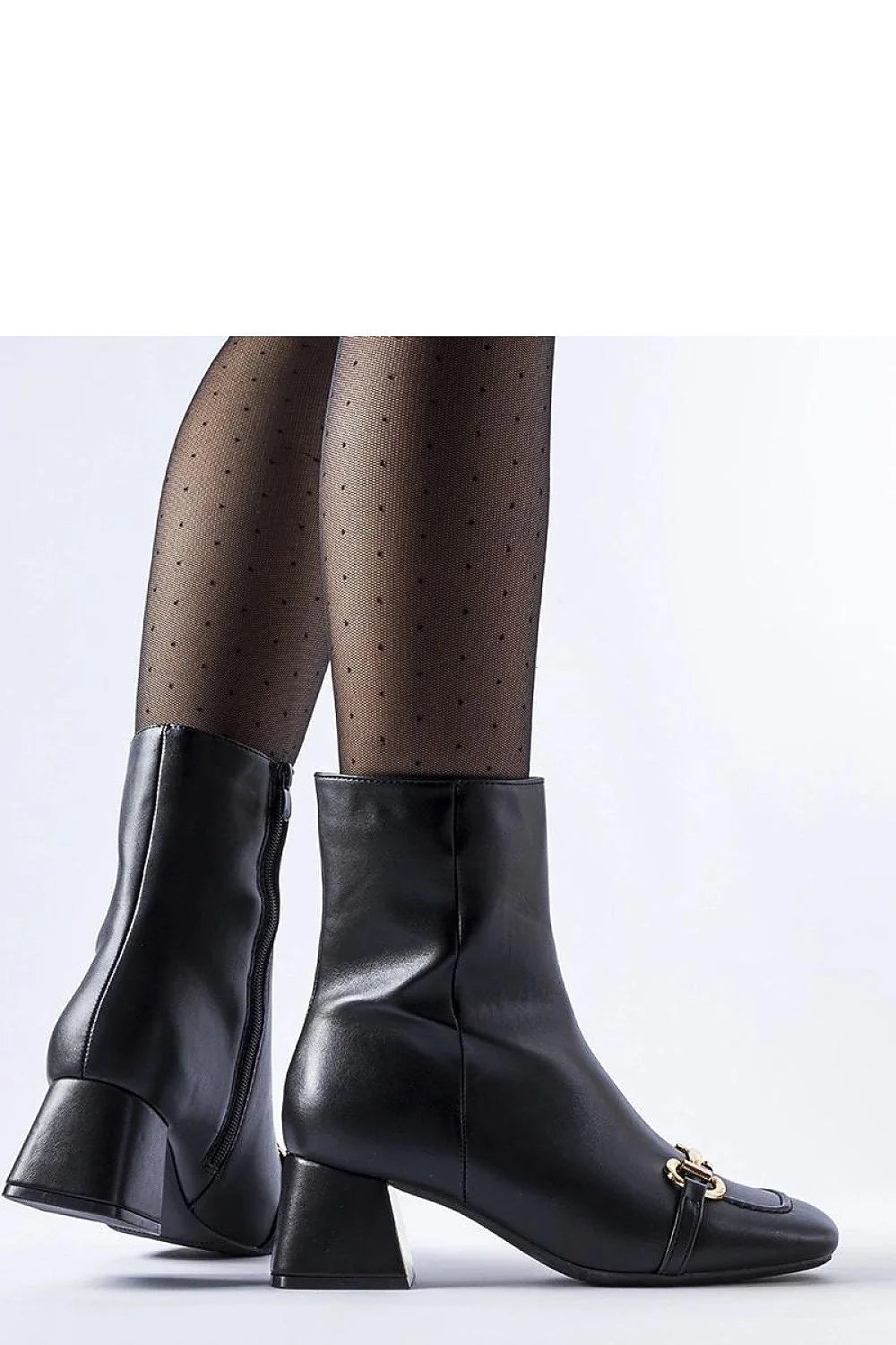 Bottes à talons bloc cuir noir doré métal bout carré fermeture éclair talon stable femmes élégance mode