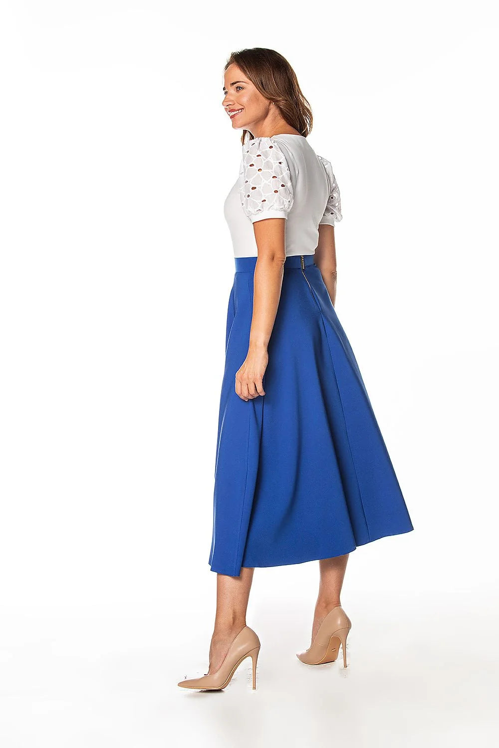 Jupe midi évasée pour femme, design intemporel, style classique, couleur bleu royal, taille haute, fente latérale, polyester élasthanne, occasion versatile