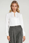 chemisier femme manches longues viscose fluide satinée col officier fendu lien noué boutonnage plis délicats coupe ample élégant polyvalent