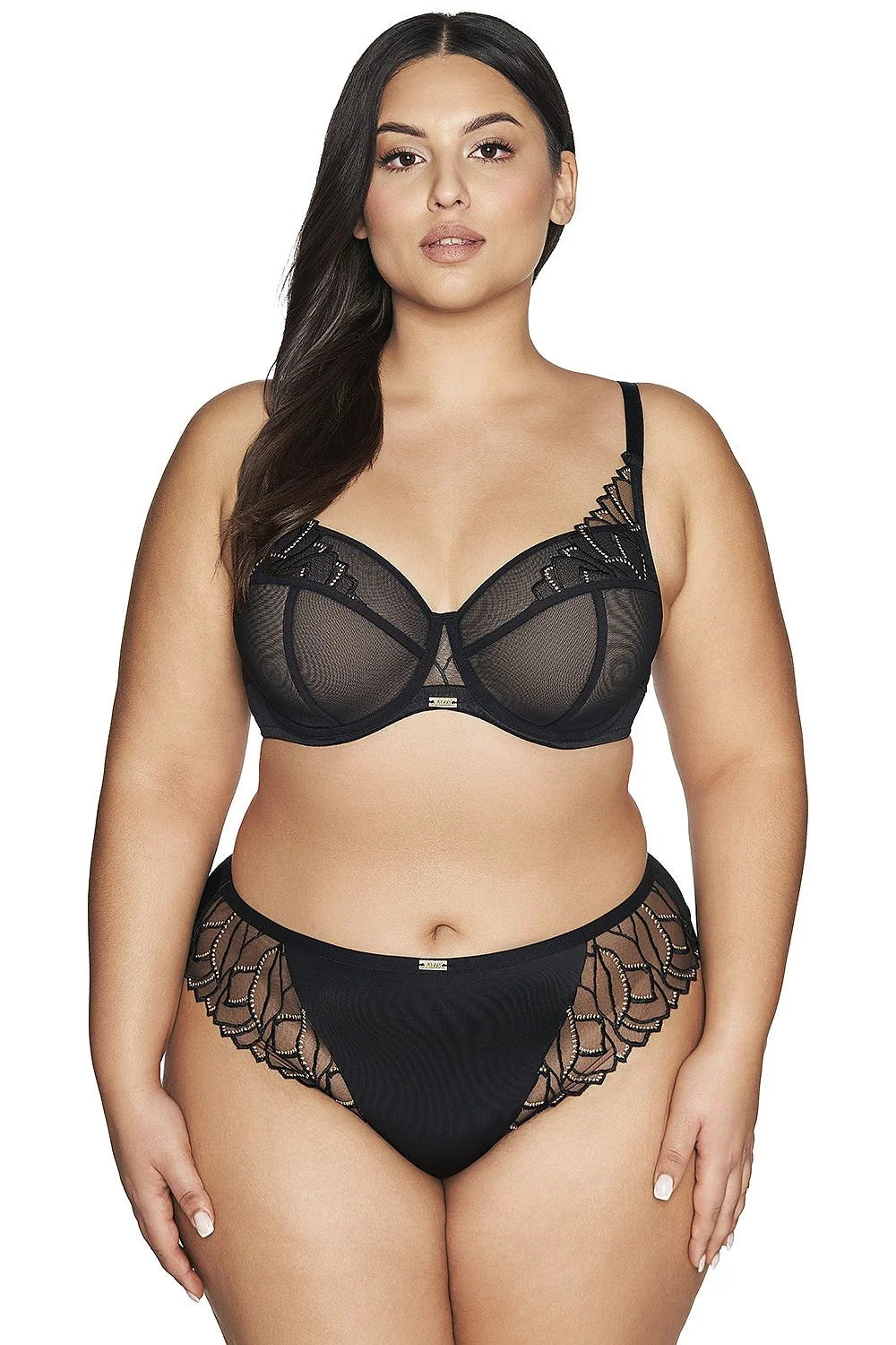 soutien gorge balconnet tulle transparent microfibre noir doré broderie florale festonnée plaque métallique centrale échancrée maintien renforcé confortable élégant sexy