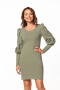 Robe de jour chic moderne jersey kaki manches longues épaules froncées taille ajustable femme