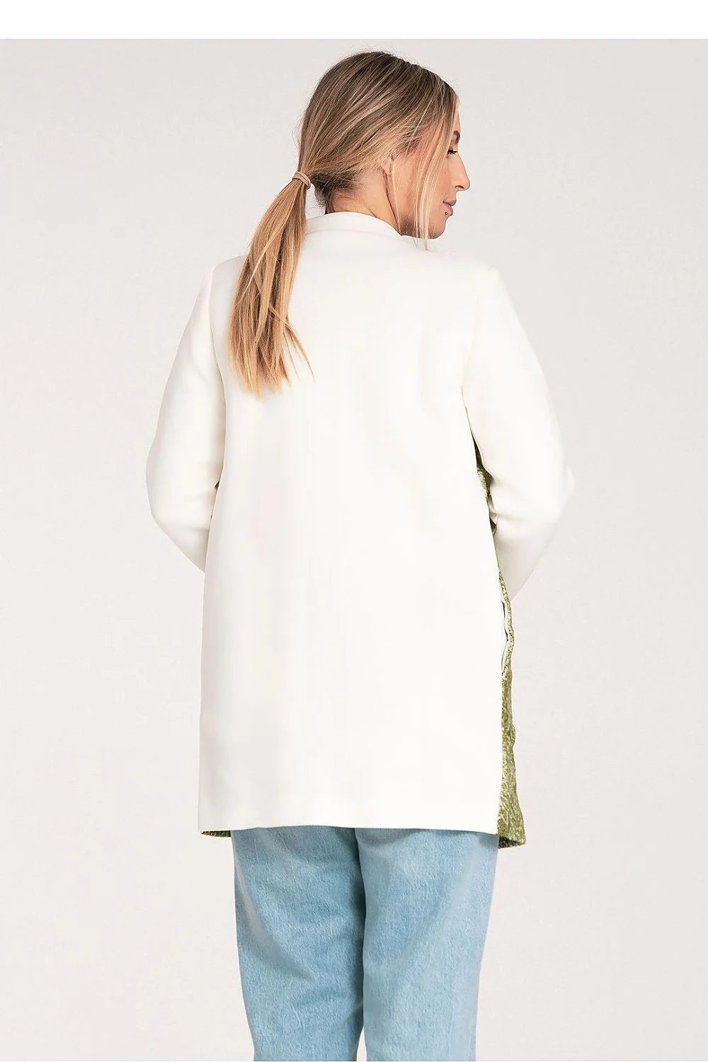 veste longue zippée femme mi saison empiècements jacquard floral vert olive manches contrastantes blanches col rond coupe droite poches latérales