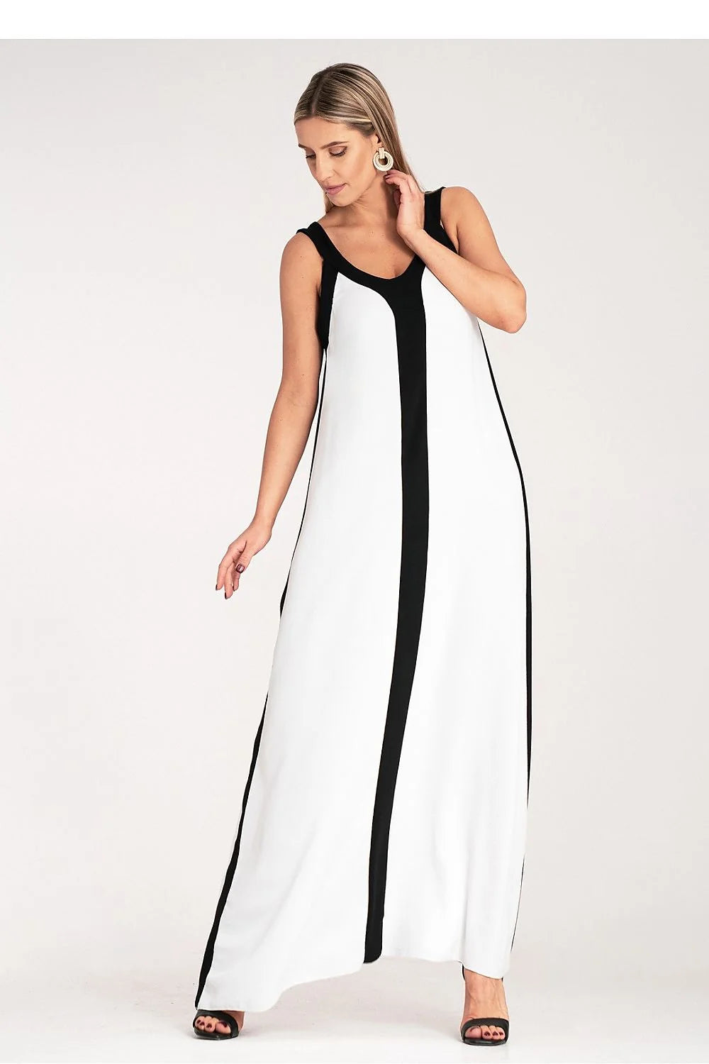 Robe de jour Figl longue épurée bandes contrastantes noires blanches décolleté en U bretelles larges polyester élasthanne