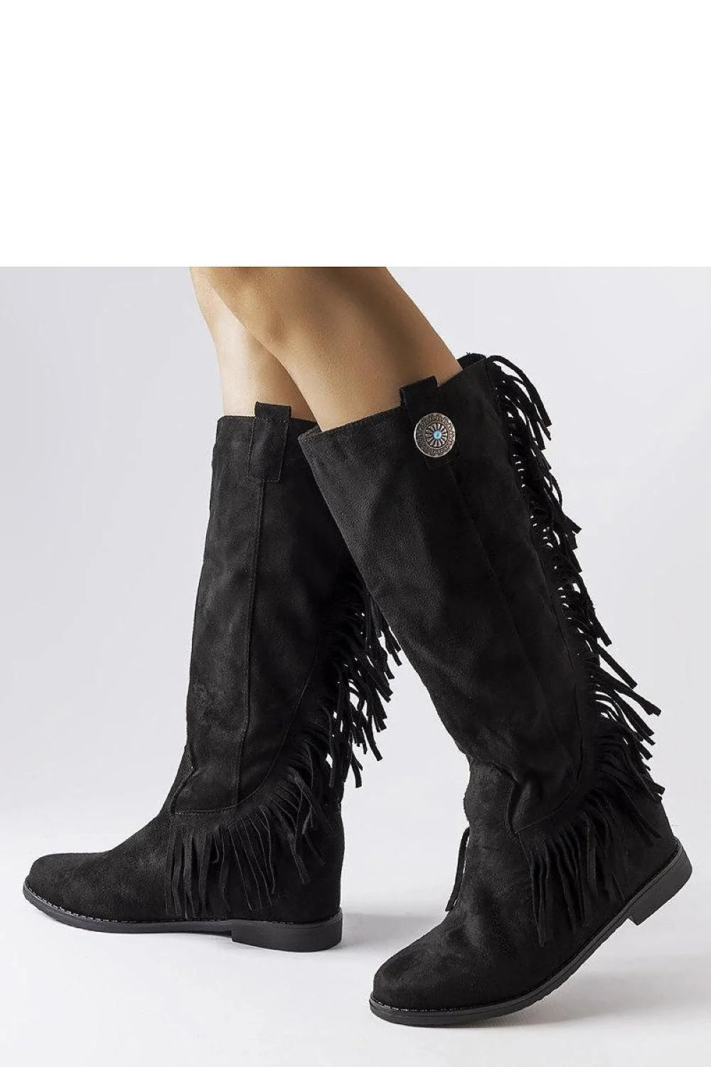 Bottes cothurnes western pour femmes en suédé noir, franges décoratives, ornements métalliques, genouillère, ajustement parfait, confortable, style moderne et traditionnel,多种 occasions