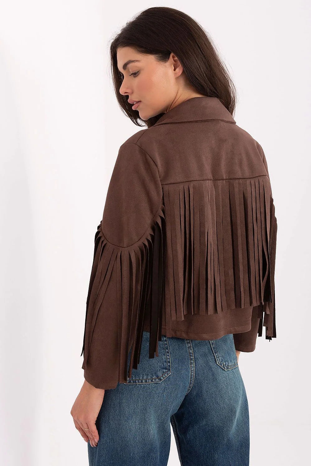 veste courte femme effet daim marron chocolat cropped boxy col tailleur ouvert sans fermeture franges longues bohème western rockchic