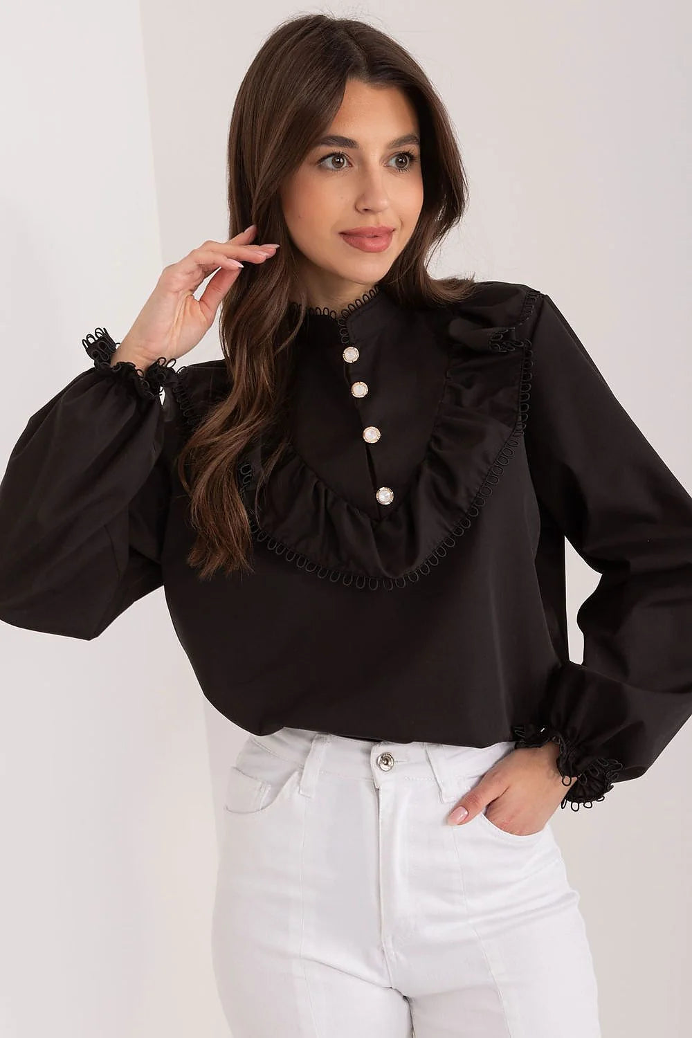 Chemisier féminin élégant noir style romantique vintage volants manches longues coton polyester femme occasion élégante
