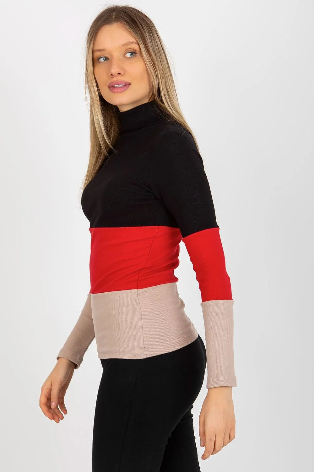 Pull col roulé multicolore maille côtelée coton élasthanne bleu rose vert ajusté manches longues ourlets nets design moderne