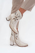 bottines femme cuir naturel métallisé champagne ivoire découpes ajourées feuille talon bloc bout pointu fermeture latérale semelle contrastée marron