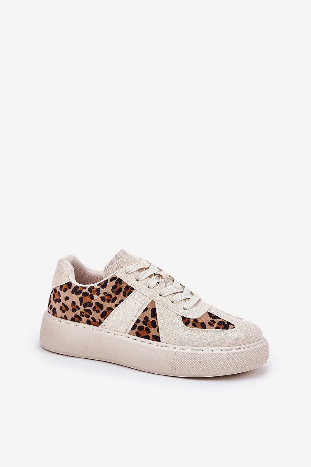 baskets femme plateforme beige imprimé léopard brun cuir écologique suédé bout rond col rembourré semelle intérieure mousse amorti confort chic