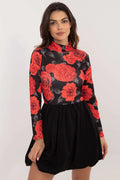 robe courte femme haut ajusté manches longues col montant volanté maille côtelée extensible imprimé floral roses rouge jupe froncée volumineuse
