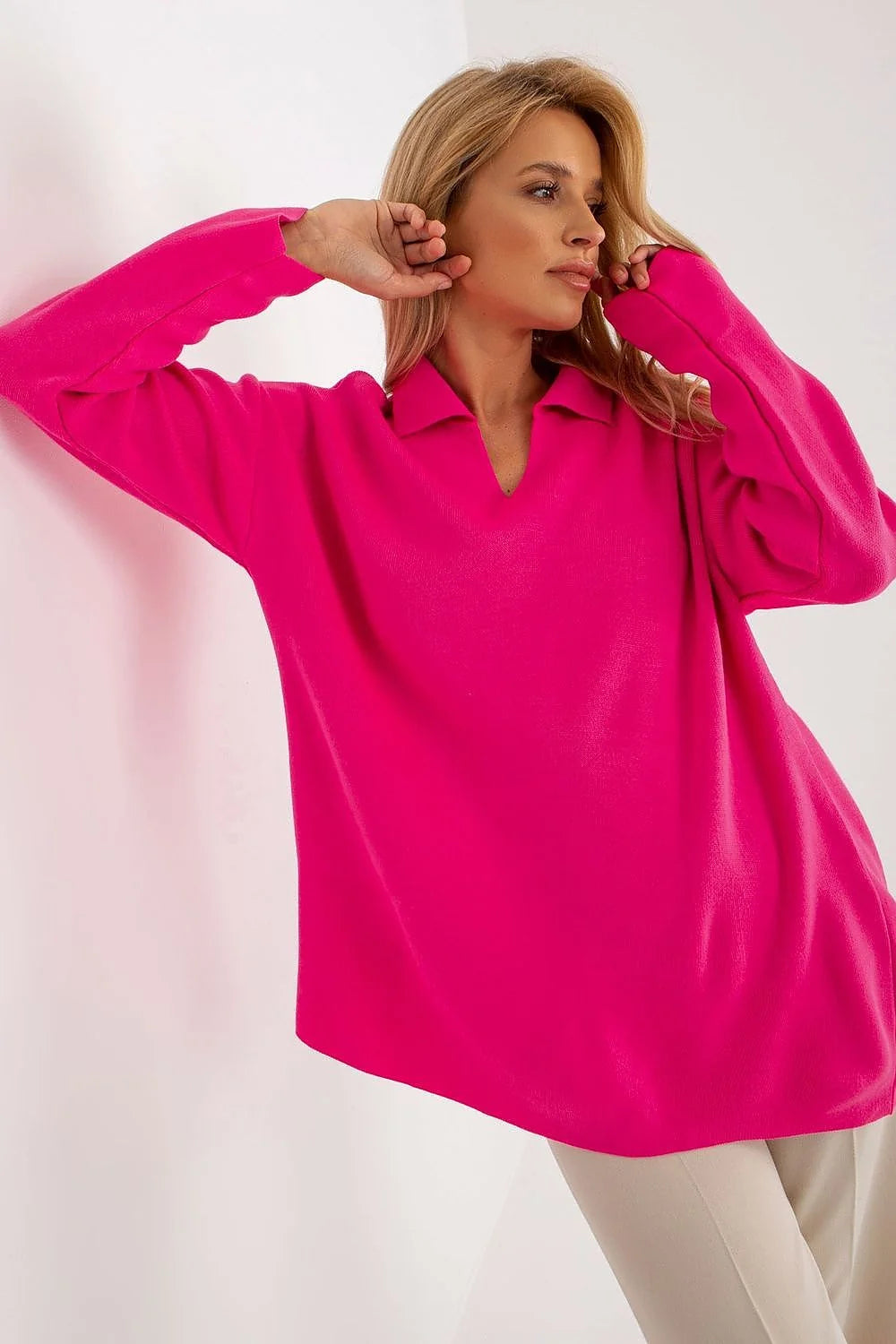 Pull-over femme Rue Paris rouge vif ample manches longues encolure ras du cou acrylique 100% tailles universelles mode Casual