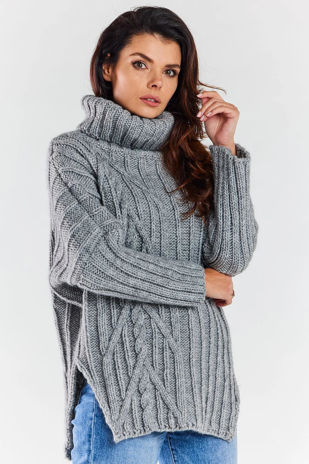 Pull tricoté pour femme col roulé motif côtes asymétriques maille épaisse gris chaleur confort mode automne hiver