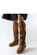 Bottes hautes cothurnes daim brun style western boho franges semelle tressée design rustique artisanal femme confortable
