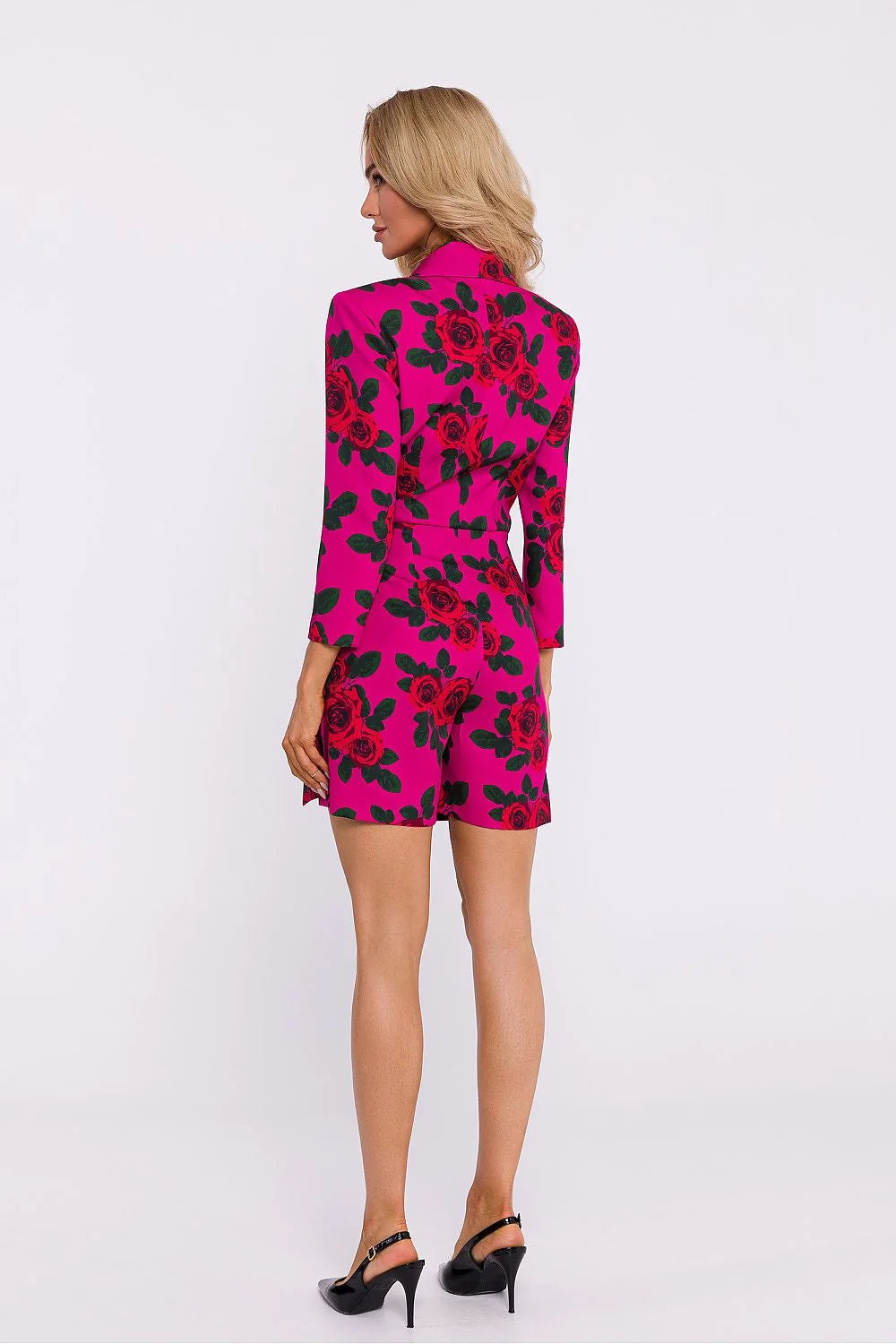 Robe portefeuille audacieuse imprimé floral roses rouges fuchsia ceinture ajustable décolleté V manches longues taille cintrée femme