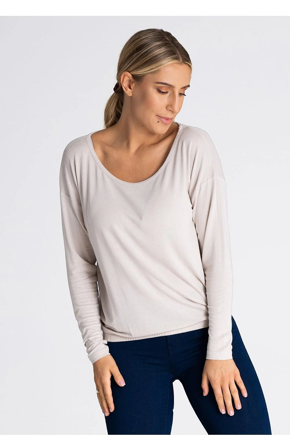 Chemisier Figl en viscose elasthanne manches longues col rond coupe ample femmes beige clair tailles S M L XL