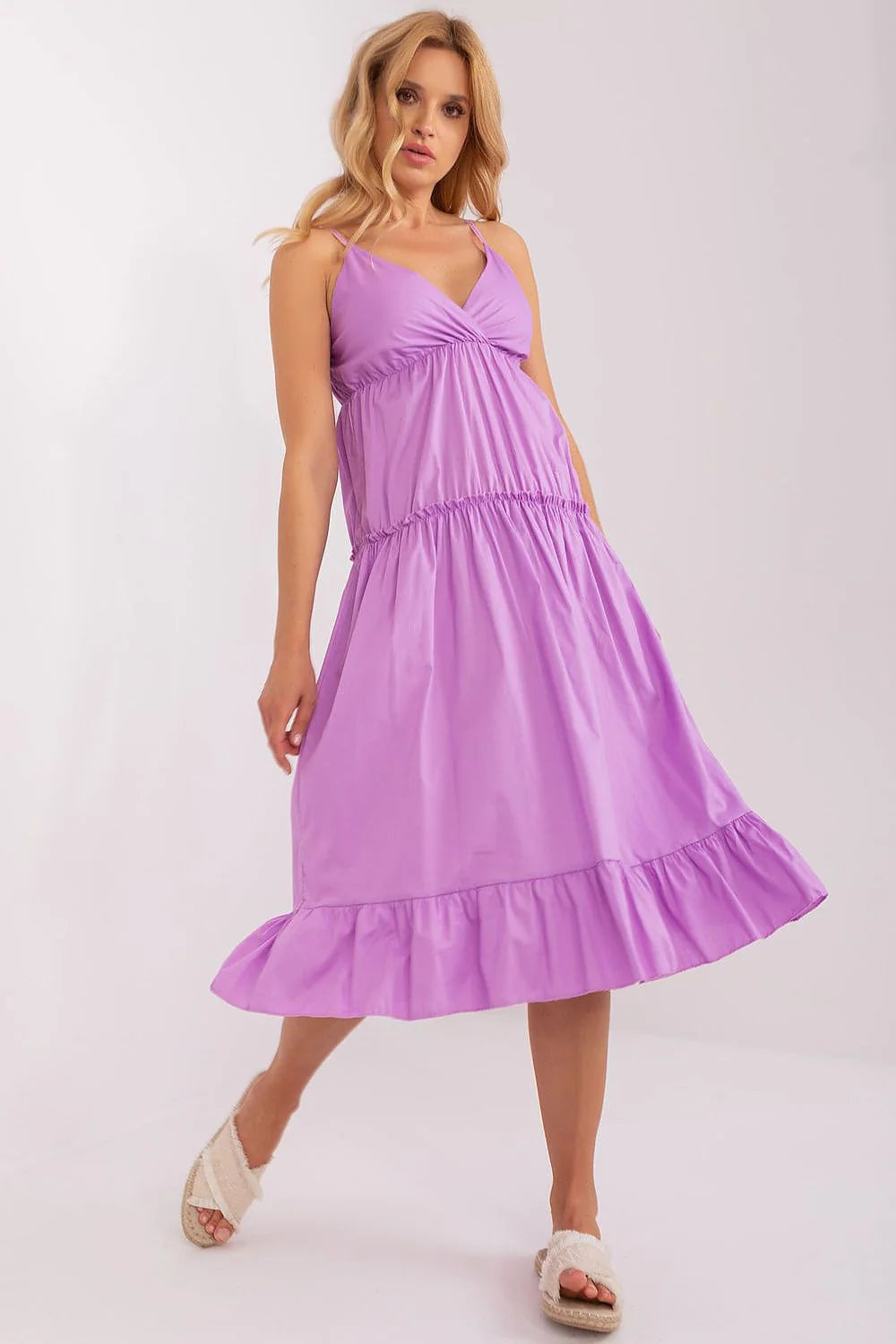 Robe de jour élégante bretelles réglables encolure enveloppe volant bas évasé coton 98% élasthanne 2% femmes