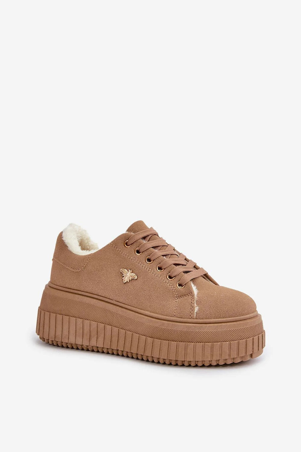 chaussures femme moderne confortable plateforme épaisse fourrure beige daim synthétique doublure chaude lacets plats œillets dorés motif abeille semelle adhérente