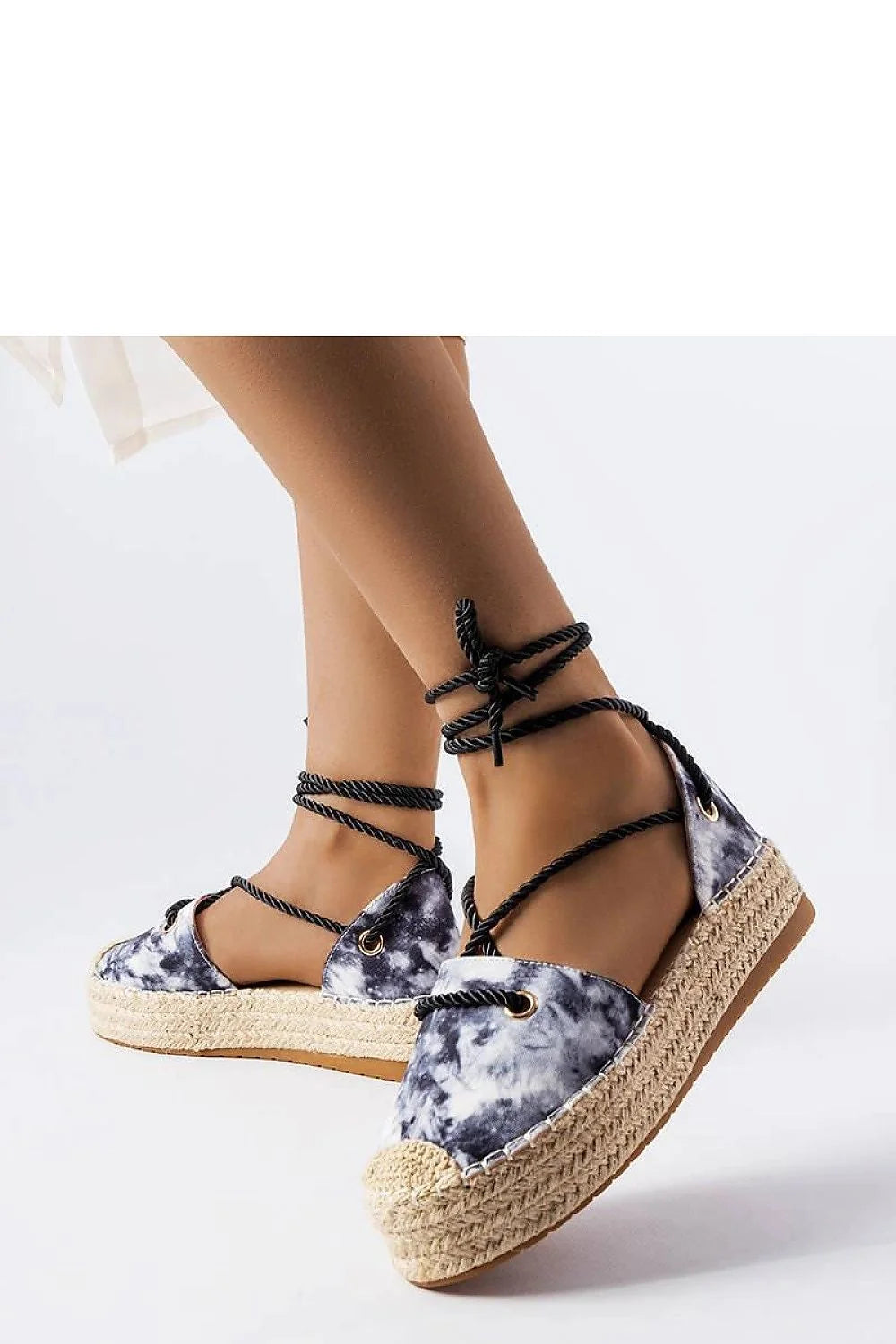 espadrilles Solea femmes tie dye noir blanc toile respirante semelle jute plateforme compensée lacets cheville œillets dorés crochet bride bohème