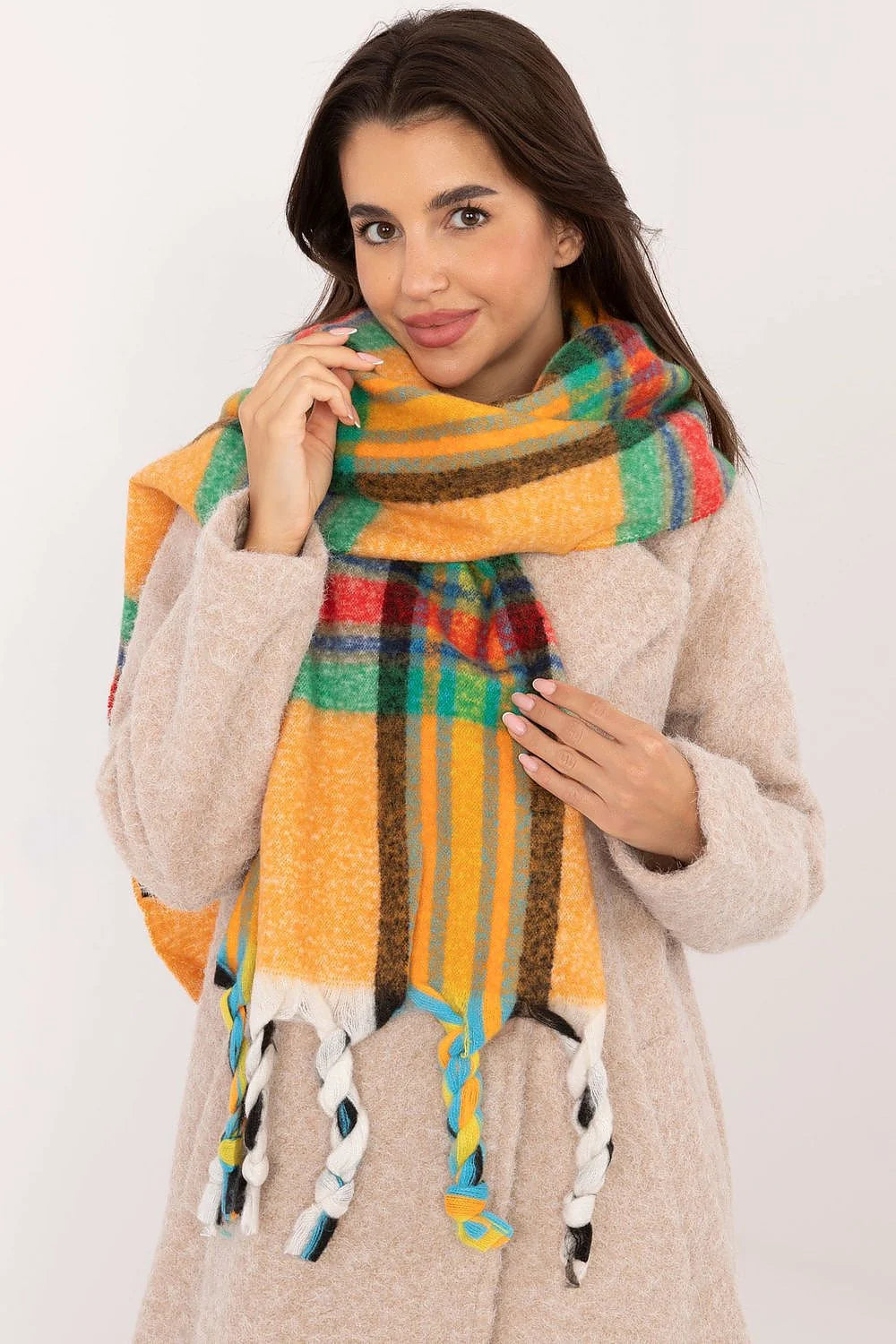 châle écharpe plaid foulard oversize XXL polyester doux épais duveteux moelleux carreaux multicolore tartan moutarde franges torsadées femme