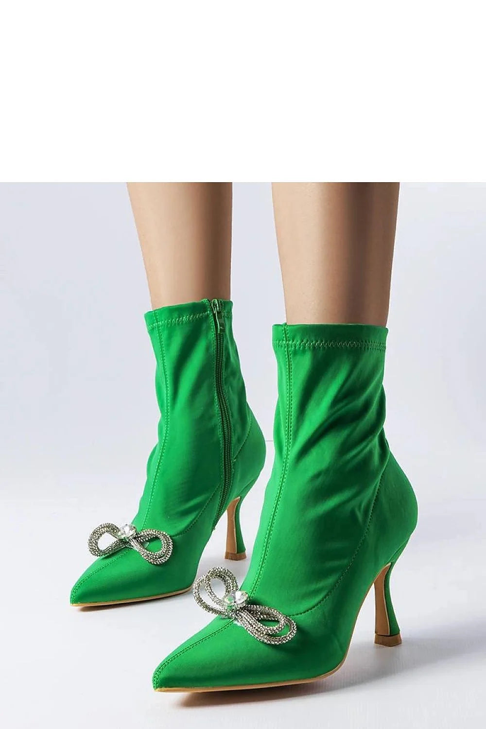 Bottes à talons Solea pour femmes, vert vif, style audacieux, talon modéré, satiné, fermeture à glissière, détails en strass, semelle naturelle, bottines élégantes