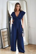 Combinaison élégante robe pantalon femme tailleur chic taille ajustable matière douce couleur bleu marine occasionnels multiples
