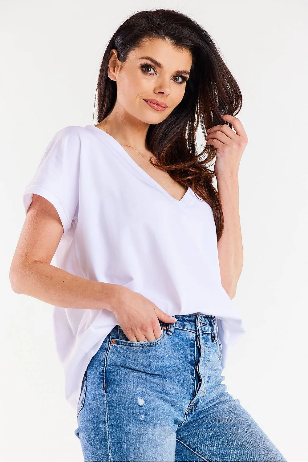Chemisier femme blanc coton V-neck ample manches courtes minimaliste casual polyvalent mode Pologne confort