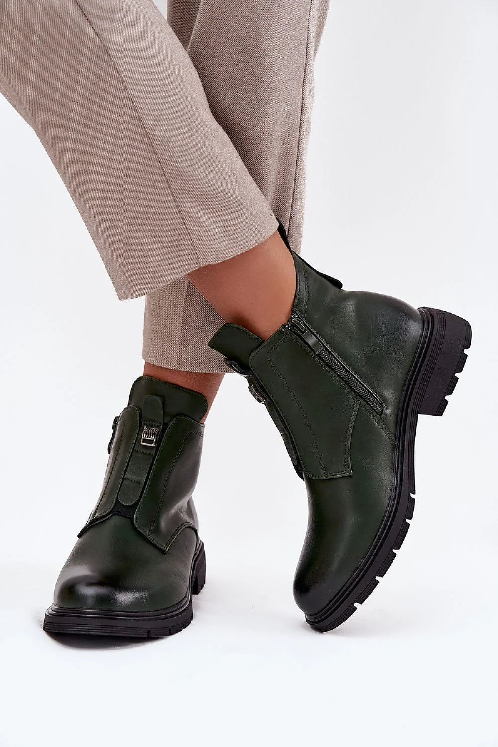 bottines femme Jezzi simili cuir vert foncé cheville bout arrondi semelle crantée épaisse talon plat 4cm fermeture éclair