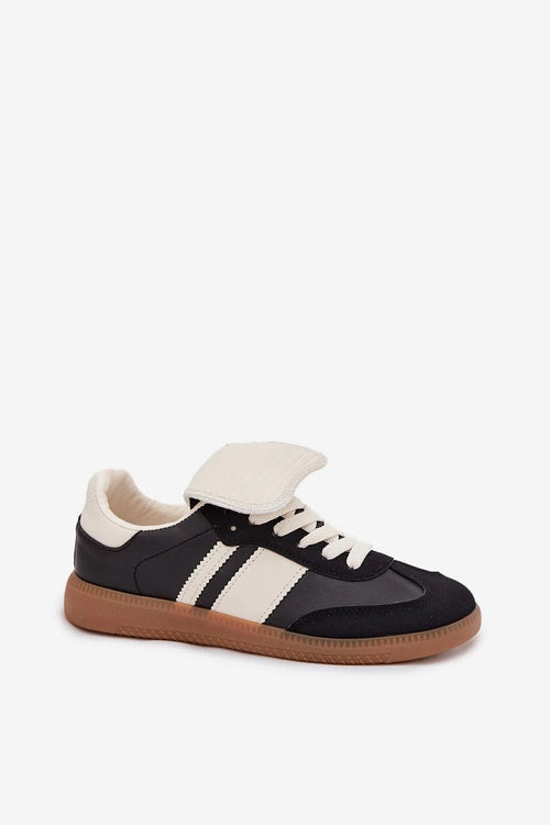 baskets femme simili cuir noir crème rétro lowtop large languette rabat empiècements suédé semelle gomme marron antidérapante confort