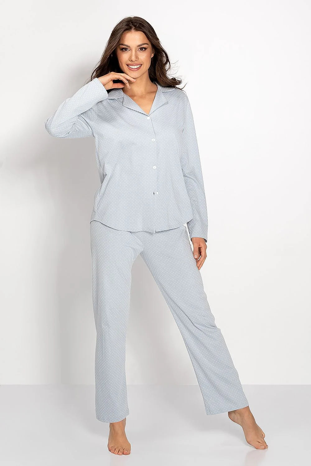 Pyjama pour femme classique en coton 100% chemise manches longues col à revers pantalon élastique motif pois bleu clair