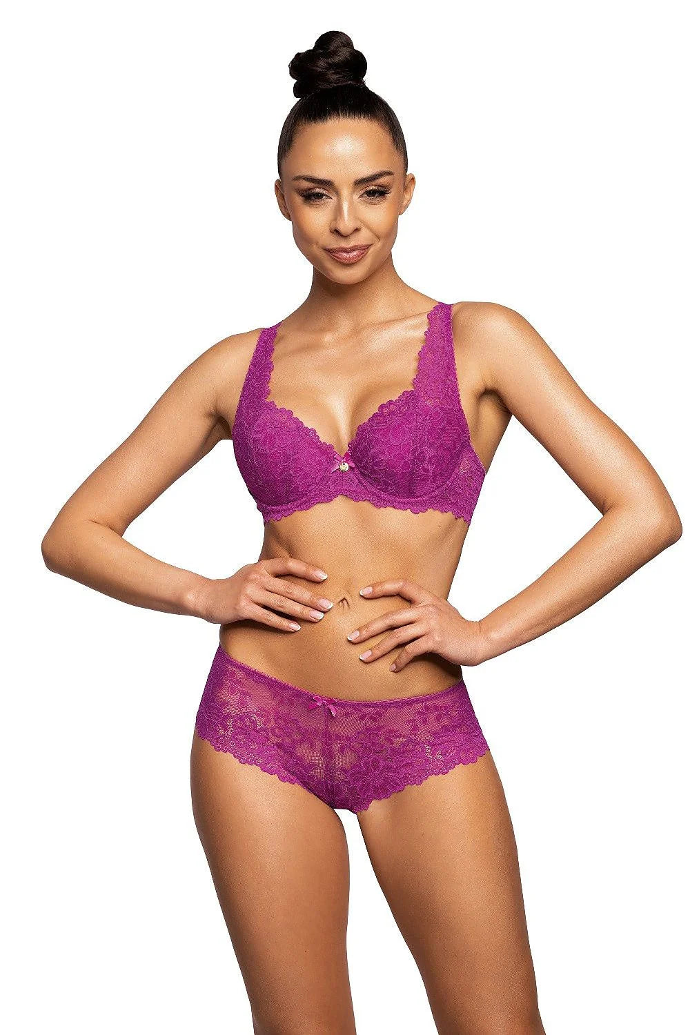 Culotte en dentelle transparente fuchsia motifs floraux satin bow waist cotton gusset lingerie féminine élégante