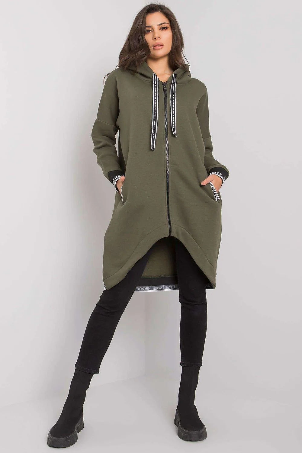 Manteau long oversize en coton décontracté beige urbain avec capuche fermeture éclair pour femmes modernes